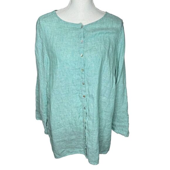 Tahari Womens 100% Linen Lagenlook Oversized Tunic Top Green Sz 1X - Picture 1 of 5